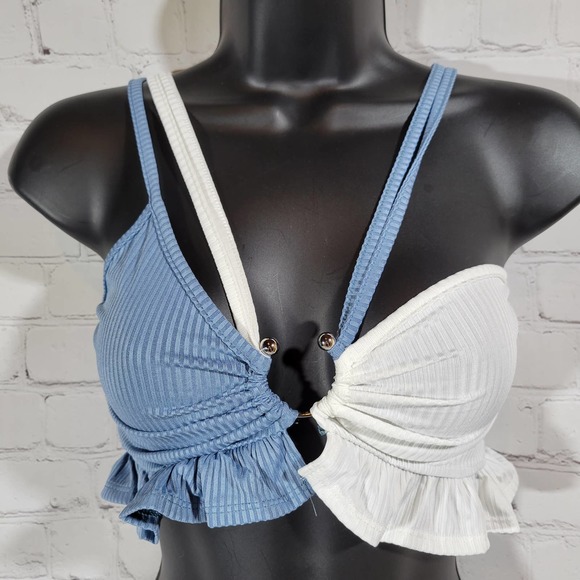 Cider Tops - Cider Ruffle Cut Out Patchy Cami Blue & White L NWT
